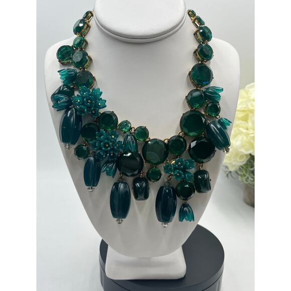 J. Crew Green Bauble Glass Resin Flower Cluster Bib Runway Gold Ox Necklace - Picture 2 of 11
